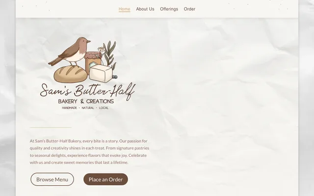 Screenshot of the Sam's Butter-Half Bakery website