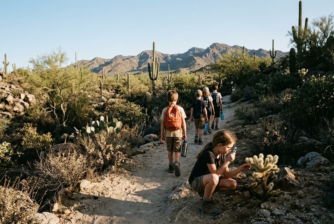 Children hiking single file up a desert wash trail in the McDowell Sonoran Preserve, one crouched with a hand lens.