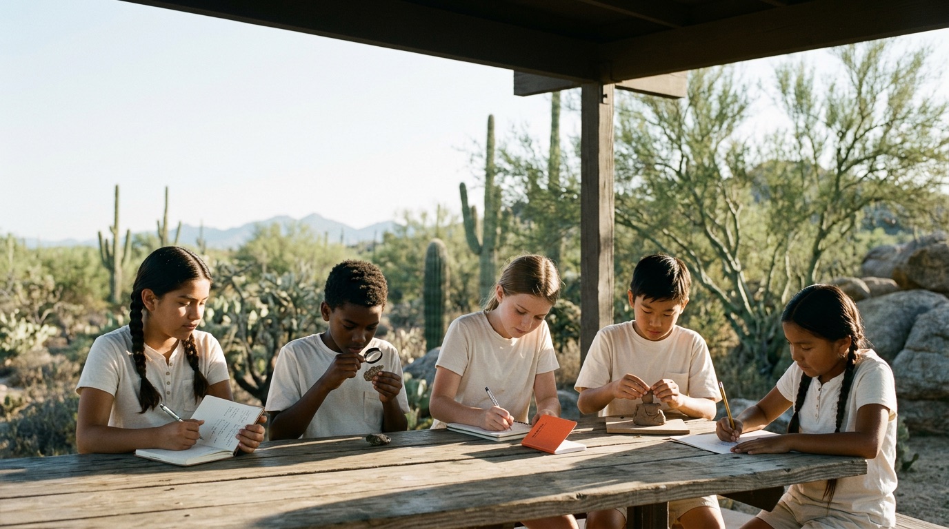 Six mixed-age children working together at a long wooden table under a shaded ramada in the Sonoran desert on a bright Scottsdale morning.