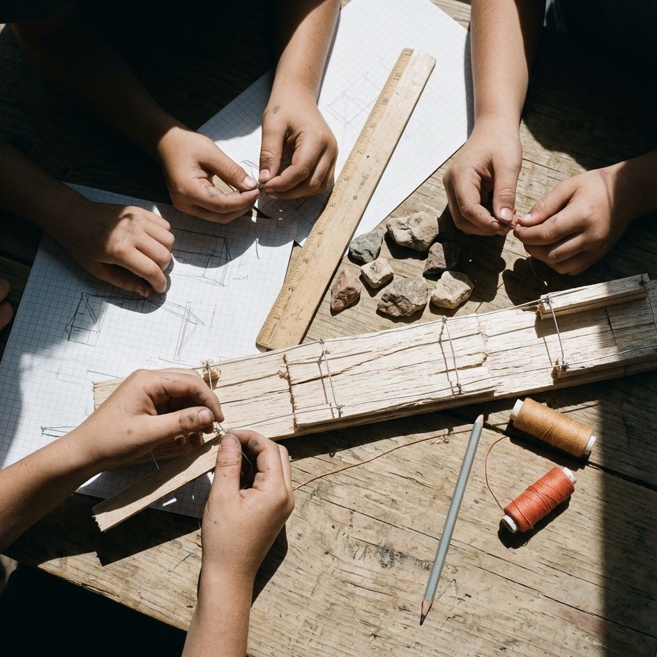 Overhead view of children's hands building a balsa and wire structure on a long wooden table with graph paper and desert rocks.