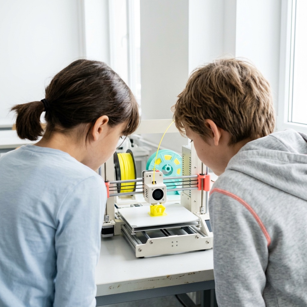 Two kids seen from behind watching a desktop 3D printer lay down bright yellow filament on a lab bench.