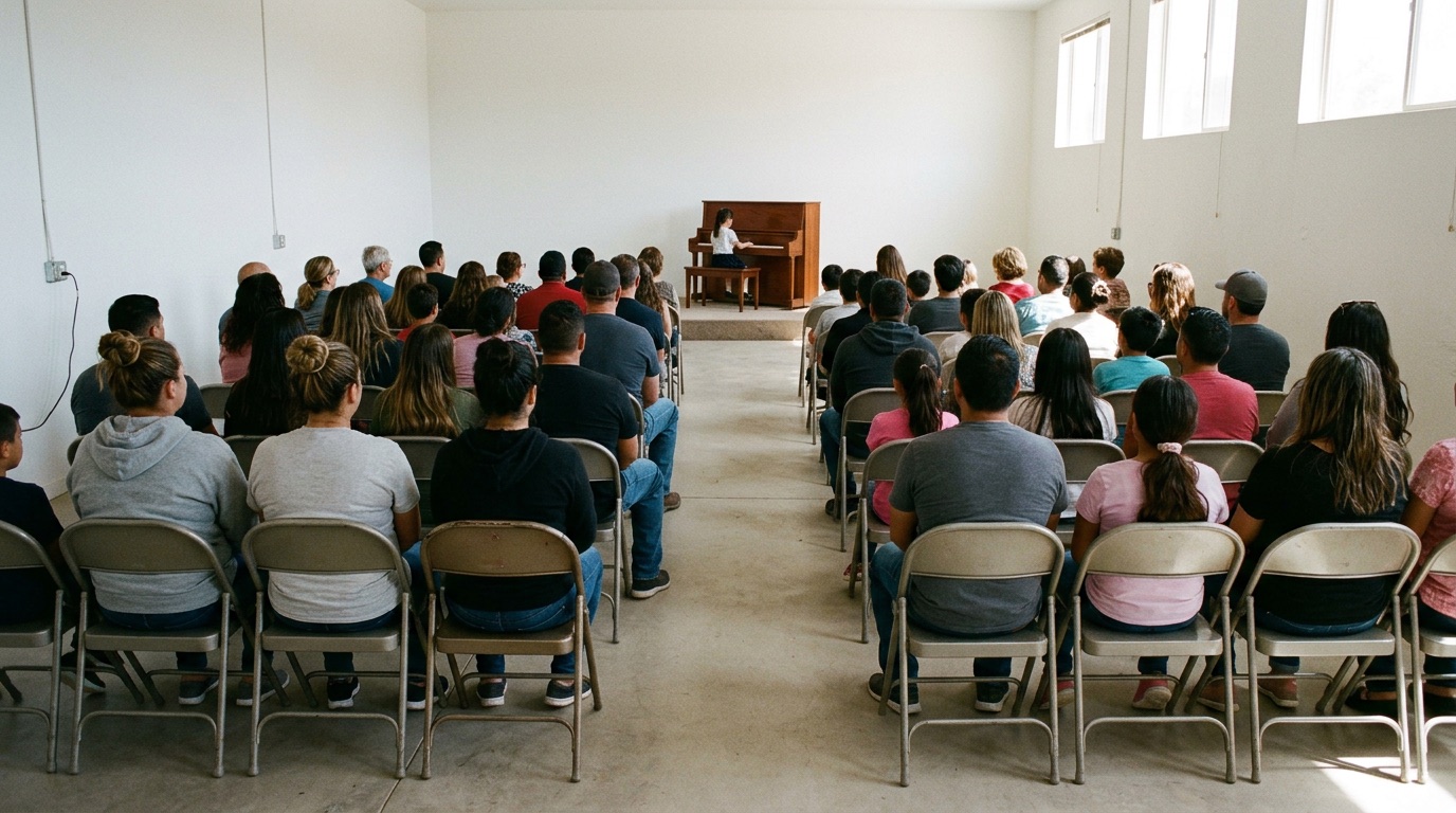 Families in folding chairs watch a young student play piano at the front of the studio recital room