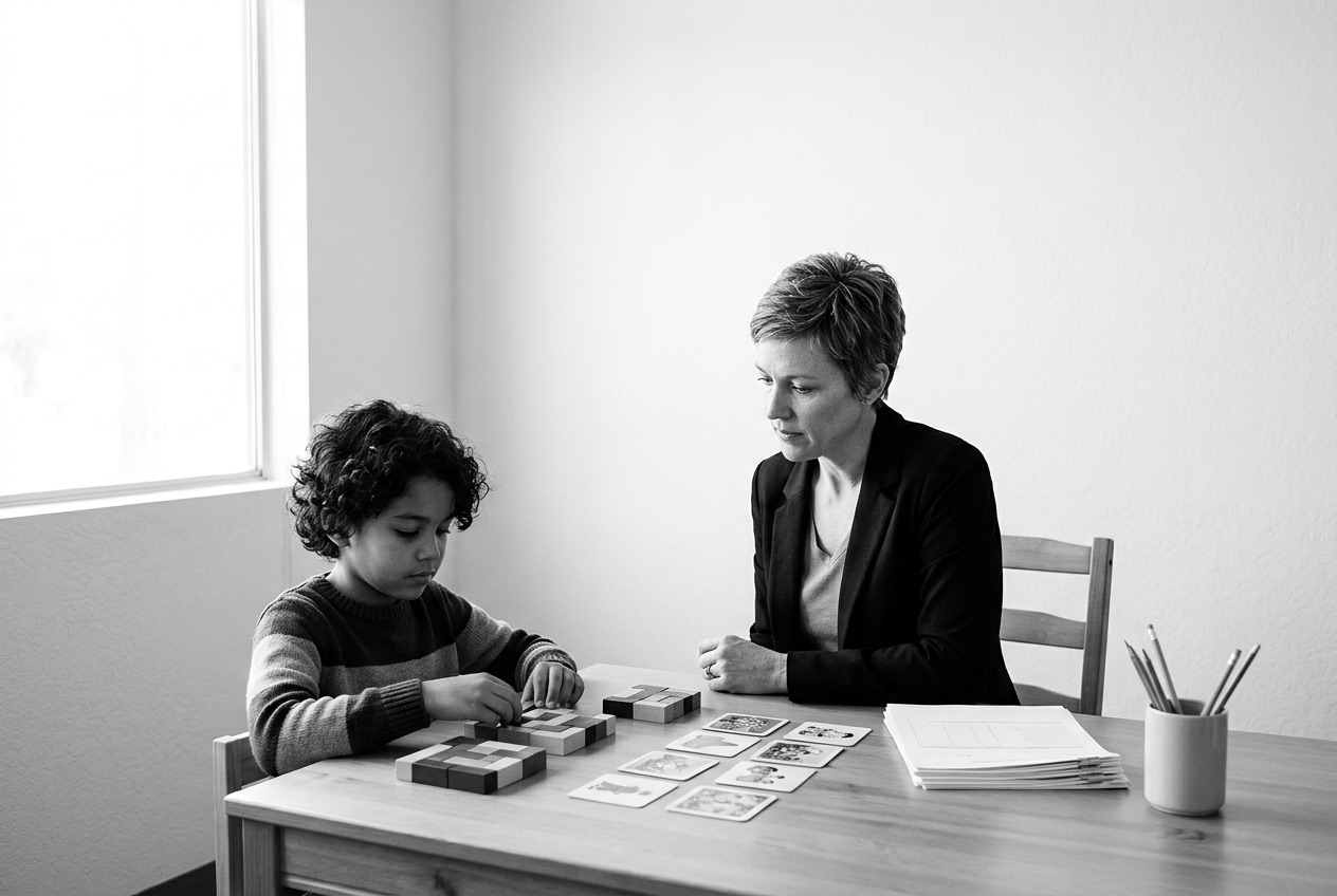 A psychologist and a nine year old child seated at a plain table, both looking down at a wooden block pattern task and picture cards.