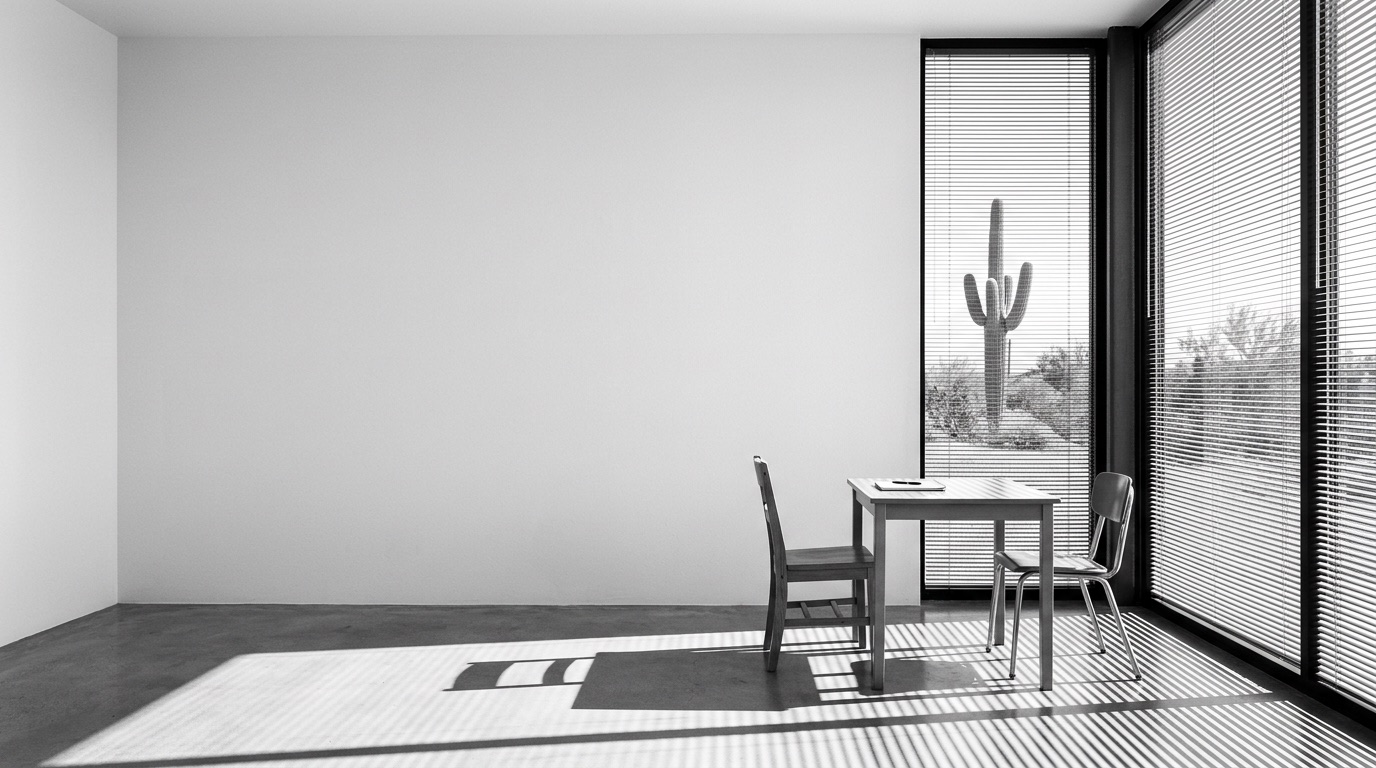 An empty testing room with a small table and two chairs, hard sunlight striping the floor through window blinds.