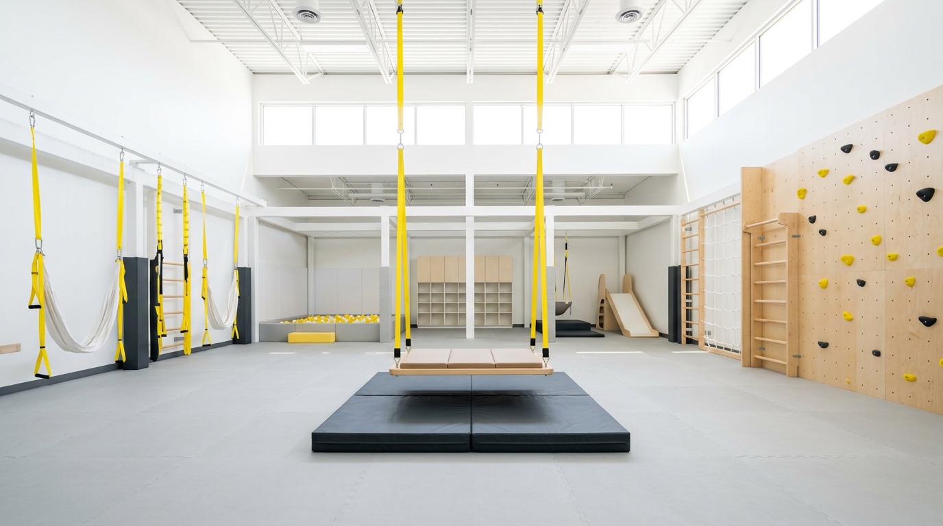 The Wiggle Works sensory gym in Peoria: a platform swing on yellow straps, a charcoal crash pad on the foam floor, and a birch climbing wall lit by high windows.