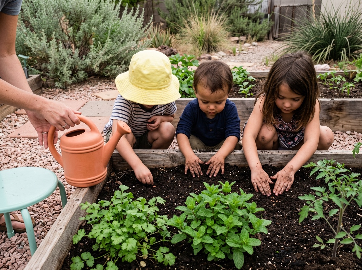 Three small children press seeds into the soil of a raised garden bed while an adult steadies a terracotta watering can.