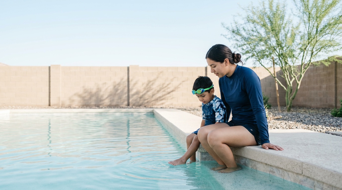 A swim instructor sitting on the edge of a backyard pool next to a young boy on the top step, both looking down at the water.