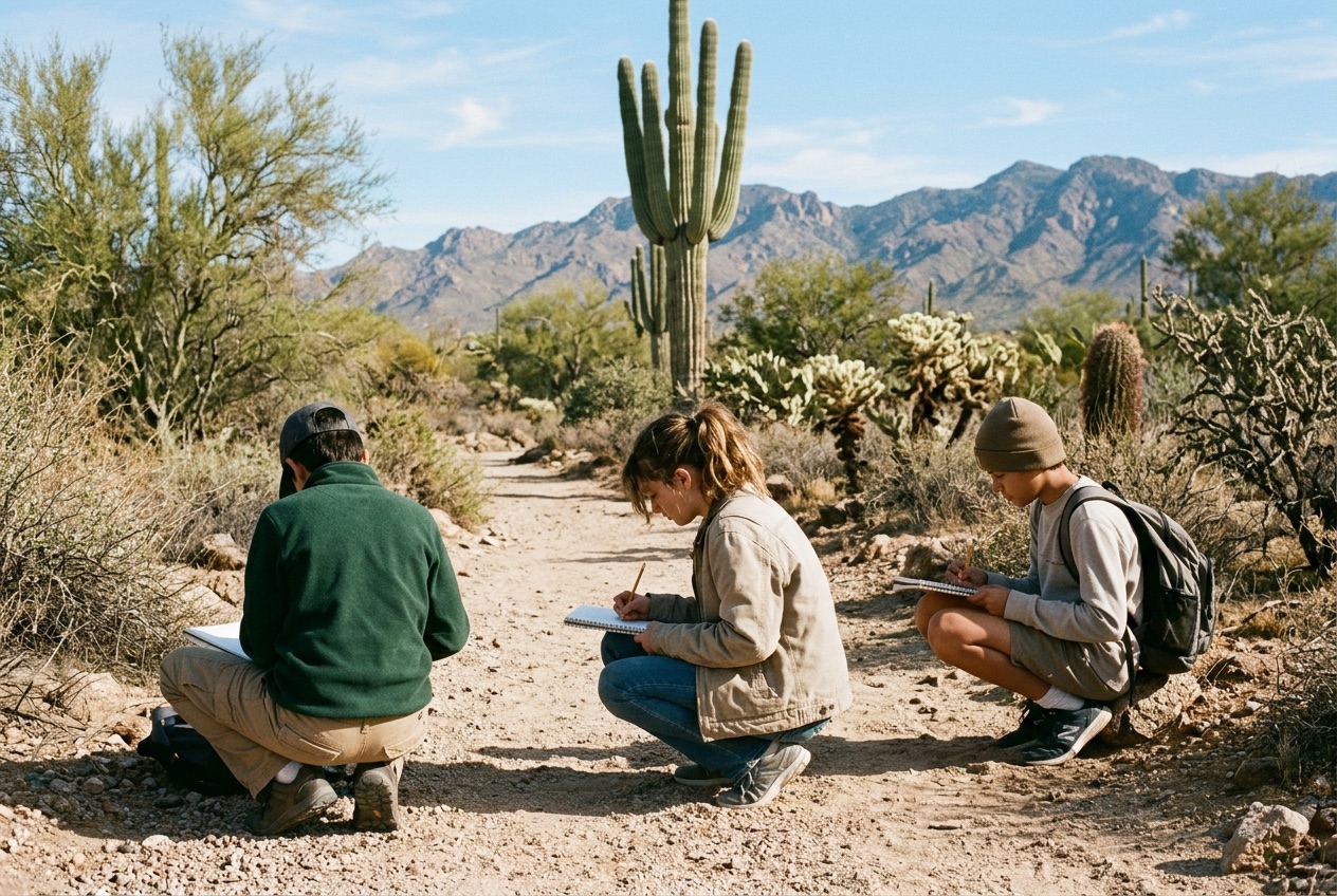 Middle school students sketching a saguaro in a desert wash during a field study