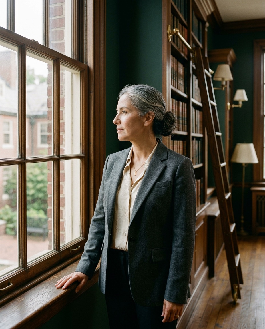 Dr. Marisol Aguirre, head of school, standing at a library window