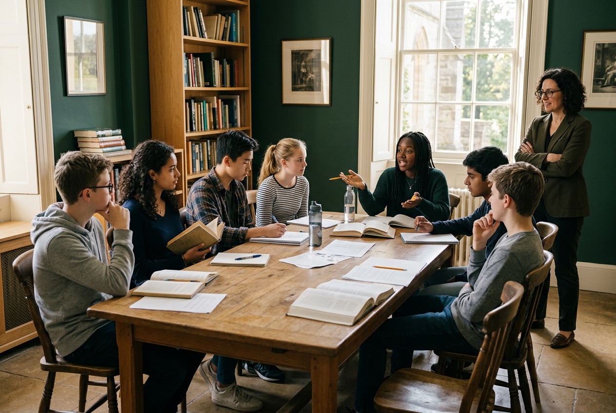 Upper school students in seminar around a long oak table with the teacher standing at the far end