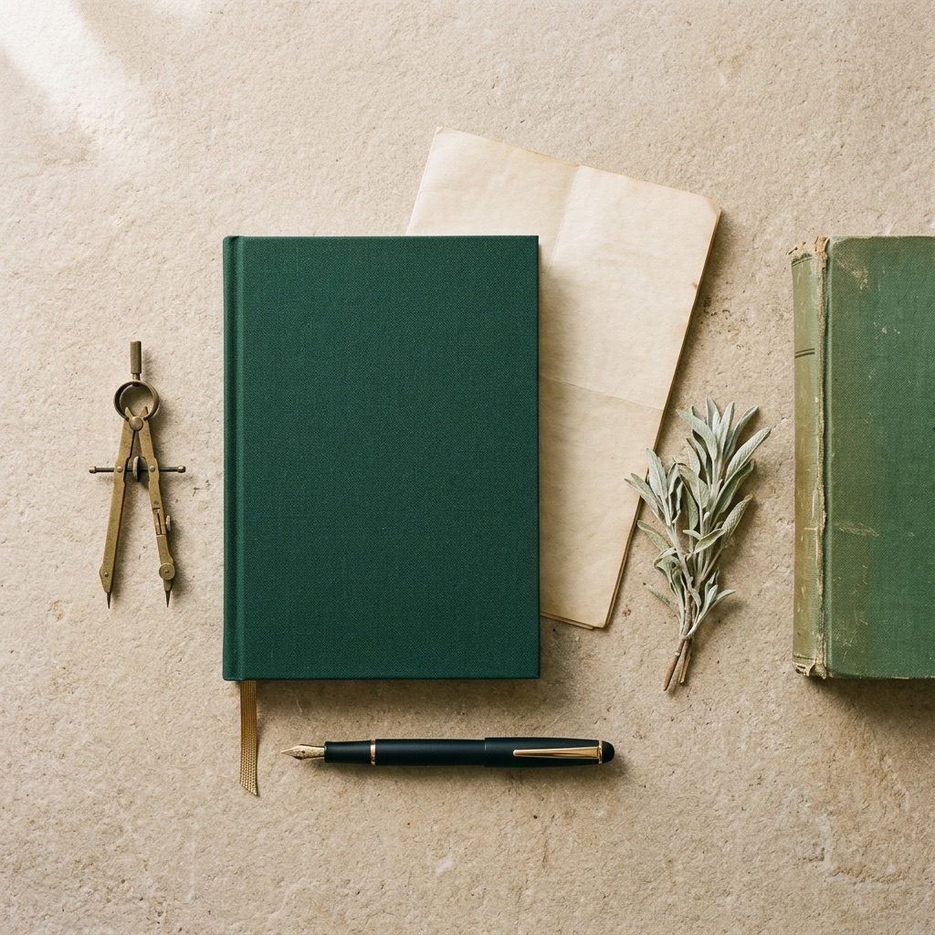 A green cloth notebook, fountain pen, brass compass, and dried sage arranged on a stone surface