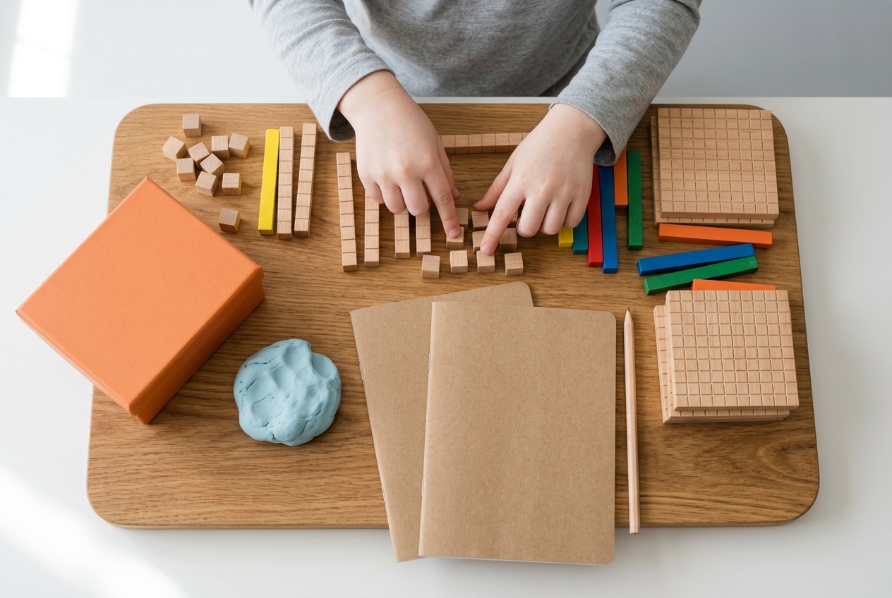 Overhead view of a homeschool table with wooden base-ten blocks, counting rods, a tangerine kit box and a child's hands mid-count