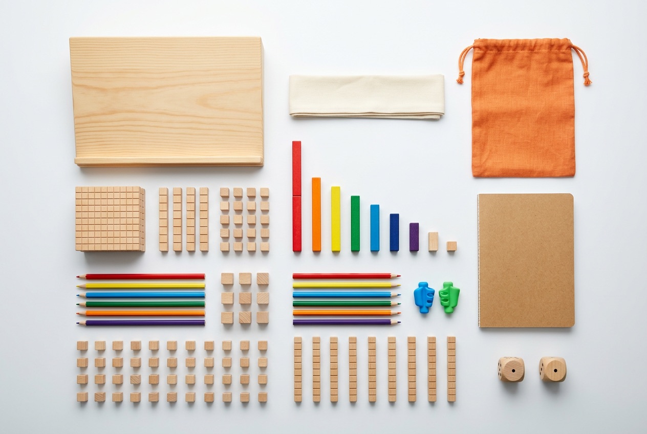 Colored pencils, pencil grips and a slant board laid out in a grid