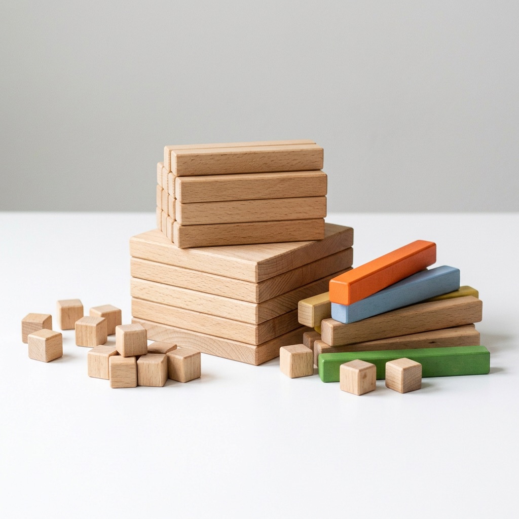 Wooden base-ten blocks and colored counting rods